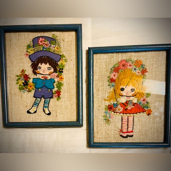 Source Unknown Other - Vintage MCM Crewel Embroidery Barbara Keane's BIG EYES Boy & Girl Pair Art Work
